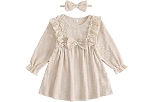 FishingDino Baby Girl Dress Spring Outfits 0-24 Months, Long Sleeve Baby Spring Dress with Headband, Toddler Newborn Dresses