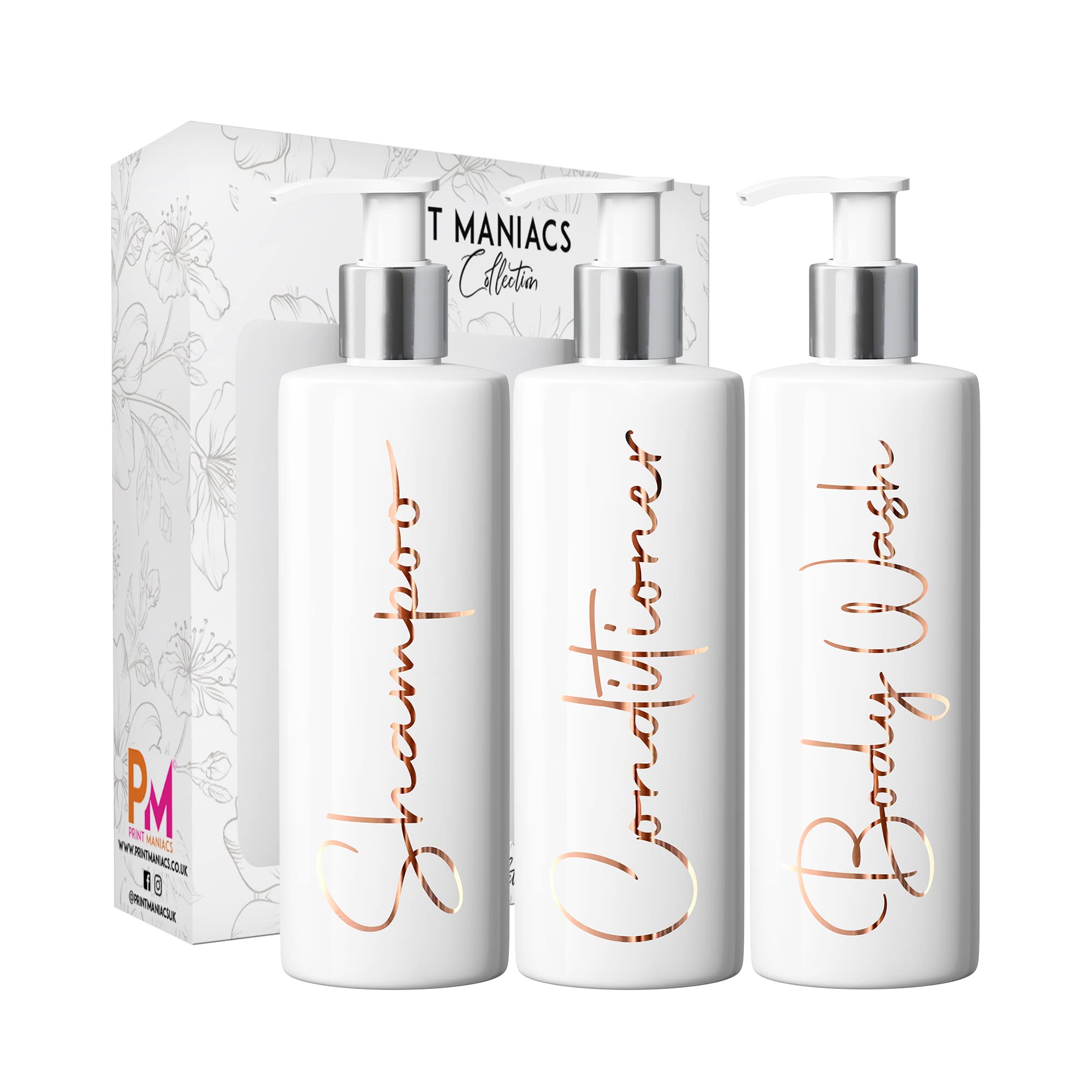 Print Maniacs White Mrs Hinch Inspired Personalised 500ml Pump Bottles Bathroom Lotion Kitchen Set Shampoo Conditioner ( 3 Set, F2 ) (Copper)