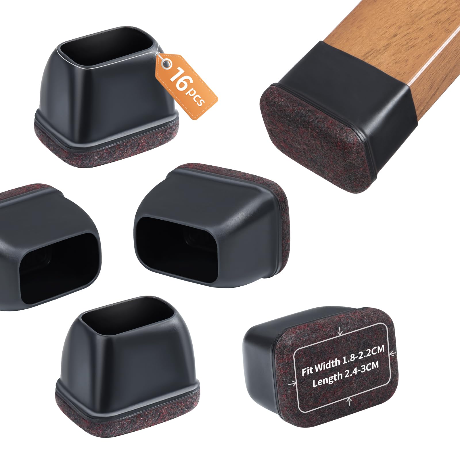 16PCS Chair Leg Floor Protectors, Rectangle Chair Leg Protection Caps, Small Black Silicone Chair Leg Covers with Felt Pads for Hardwood Floors, No Noise No Scratches