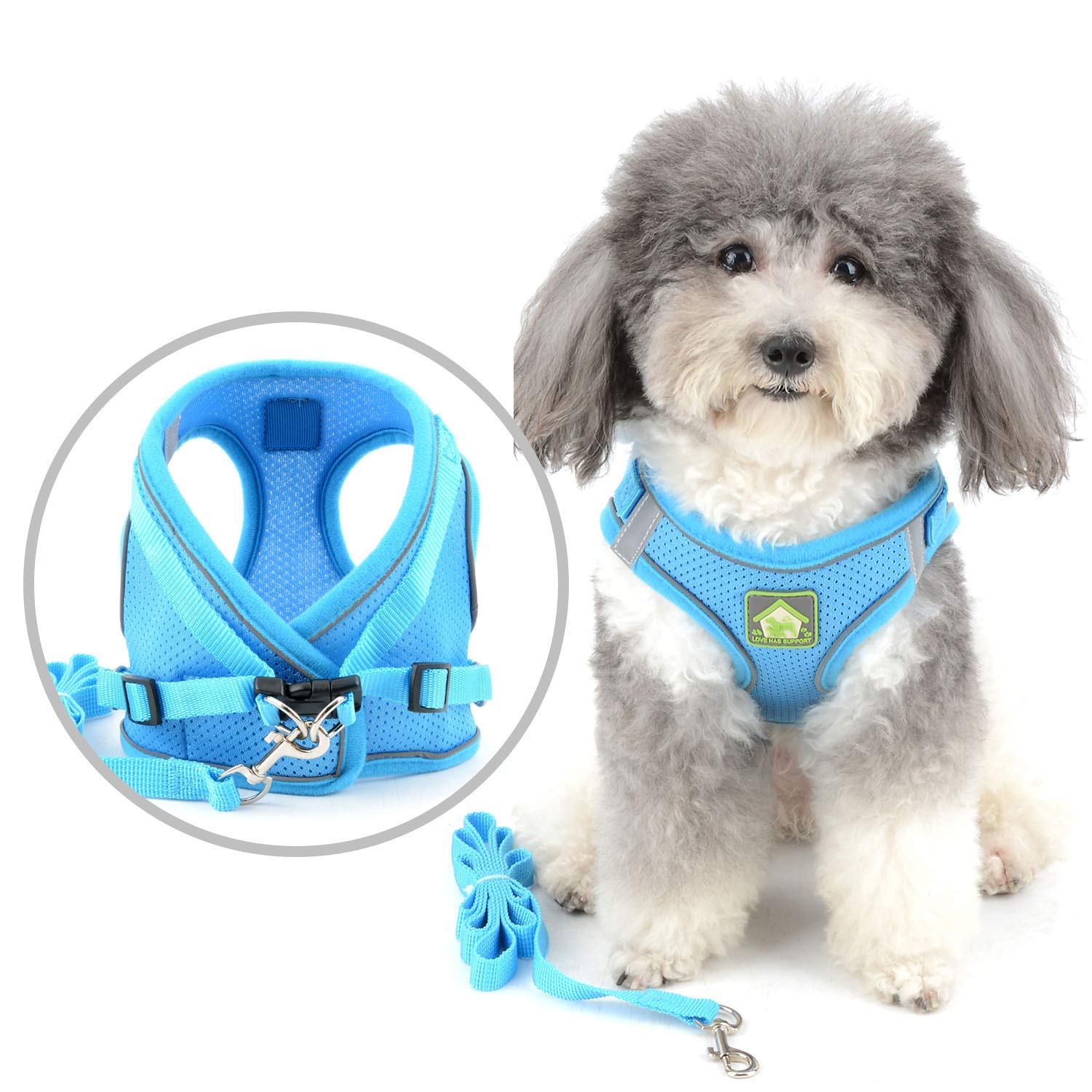 Zunea Small Dog Harness and Lead Set No Pull Puppy Vest Harnesses Adjustable Reflective Soft Mesh Step-in Pet Cat Harness Escape Proof for Walking, Bright Colors for Dogs Lightblue L