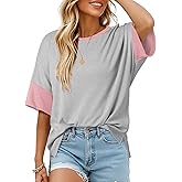 Dokotoo Womens Tops Oversized Trendy Shirts 2026 Summer Color Block Crewneck Business Casual Womens Blouses S-2XL