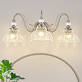 Brushed Nickel Bathroom Vanity Light, 3-Light Nickel Finish Wall Sconce with Hanging Crystal Accents and Flower-Shaped Clear 