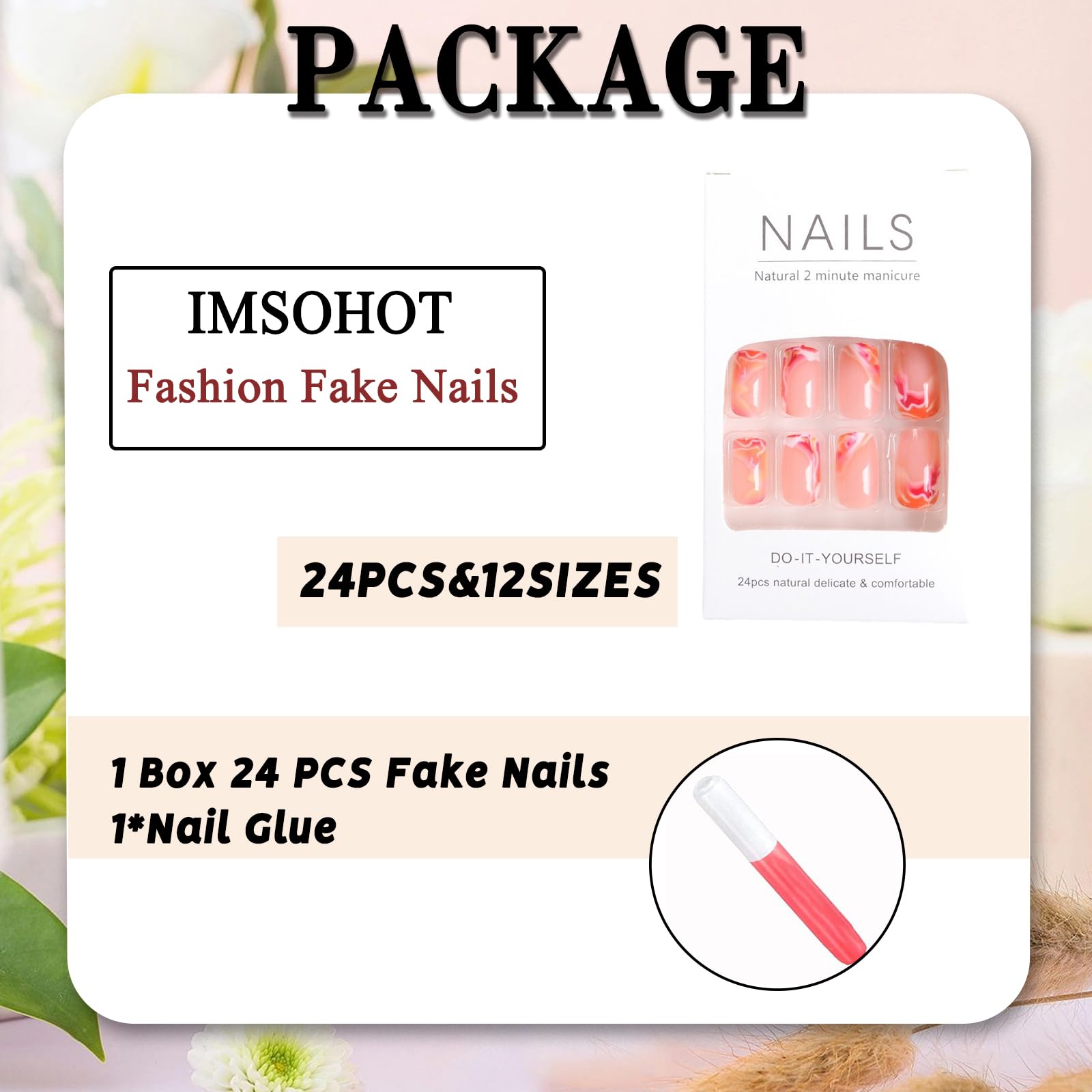 IMSOHOT Square Press on Orange Red Ombre Fake Nails with Designs Glossy Full Cover Acrylic False Summer Stick on Nails for Women Girls - Image 5