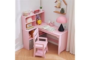 Garvee Kids Corner Desk, Desk and Chair Set for Children, L Shape Kids Study Table - Features Bulletin Board Open Shelves & Storage Cabinets and Cloth Drawers, Pink