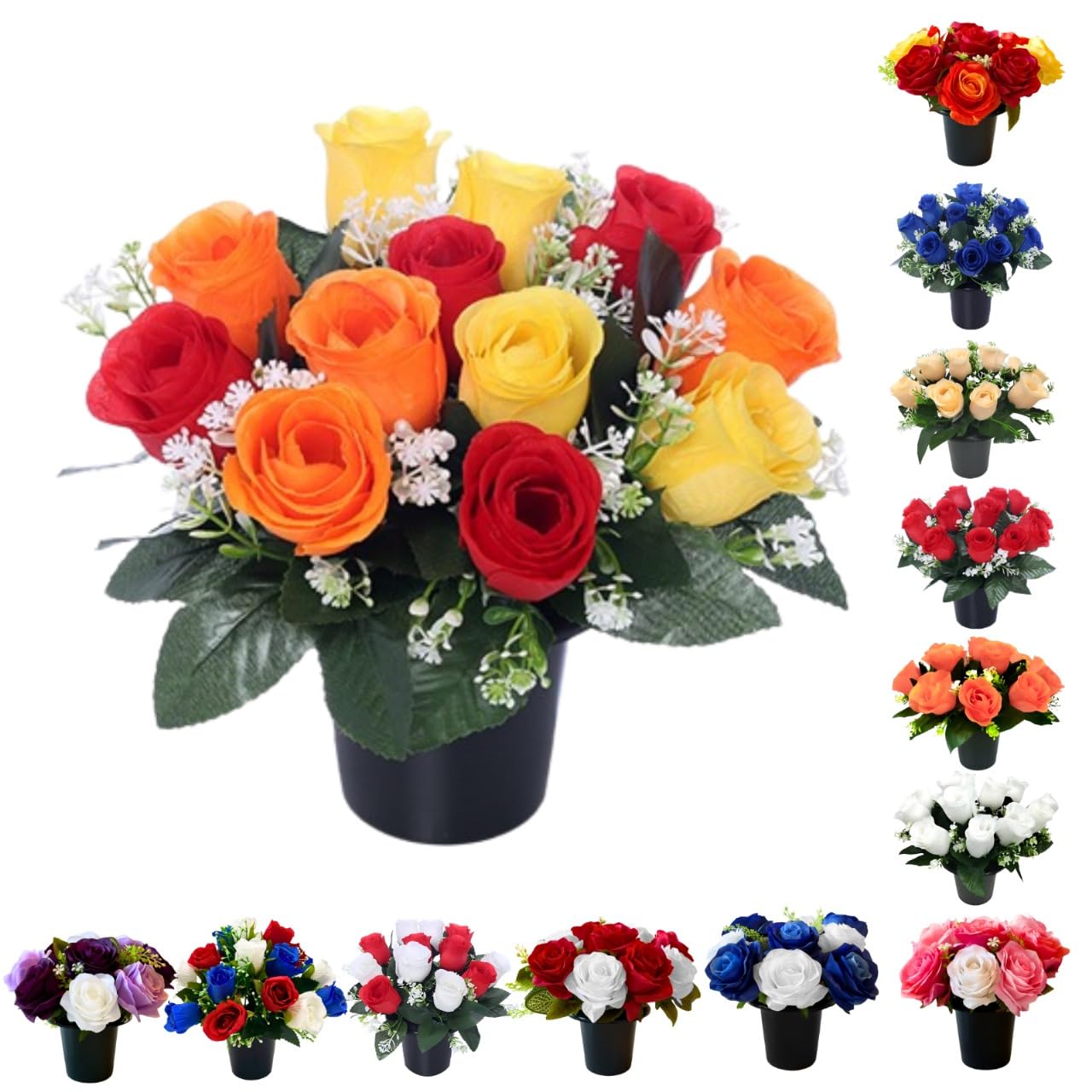 Caliko Artificial Flowers for Graves |12 Head Grave Flower Pots in Mixed Color | Perfect for Memorial & Cemetery Decorations,Multi Colour Funeral Flowers/Cemetery Flowers, Standard