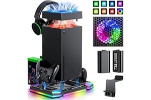AUARTE RGB Peak Cooling Fan and Charging Station for Xbox Series X Console & Controller, Cooling System Stand for Xbox X Accessories with 2x 1400mAh Rechargeable Battery & Digital Camera Holder
