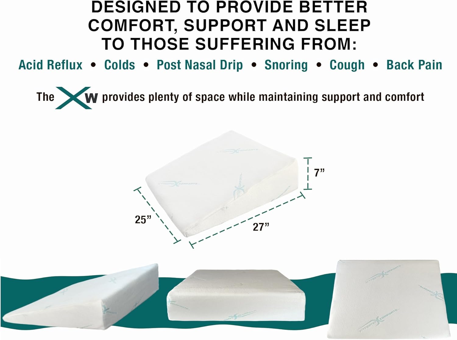 Xtreme Comforts 7" Memory Foam Bed Wedge Pillow, Hypoallergenic Breathable, Washable Bamboo Cover, Elevated Support Cushion, Acid Reflux, Lower Back Pain, Heartburn, Snoring, Allergies: Home & Kitchen