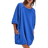 Fnortc Womens Long Oversized T-Shirts 3/4 Sleeve Fashion Casual Sweatshirts Dresses Half Sleeve Pullover Tops Spring Outfits(Blue,M)