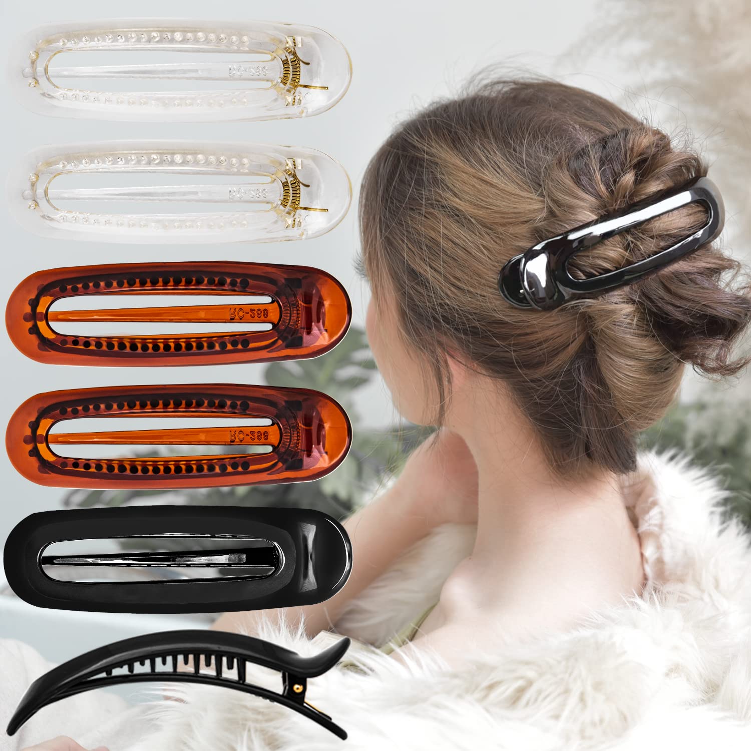 RC ROCHE 6 Pcs Flat Claw Hair Clips for Women Alligator French Barrette Long Thick Hair Duckbill Curved No Slip Grip Lay Flat Side Slide Firm Classic Styling, Medium Clear Brown and Black