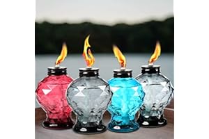 tewei 4 Pack Glass Table Top Light Torches for Outside, Easy to Refill Glass Citronella Torches Outdoor Lanterns, Wick and Cap Included Torch for Garden Patio Yard Party