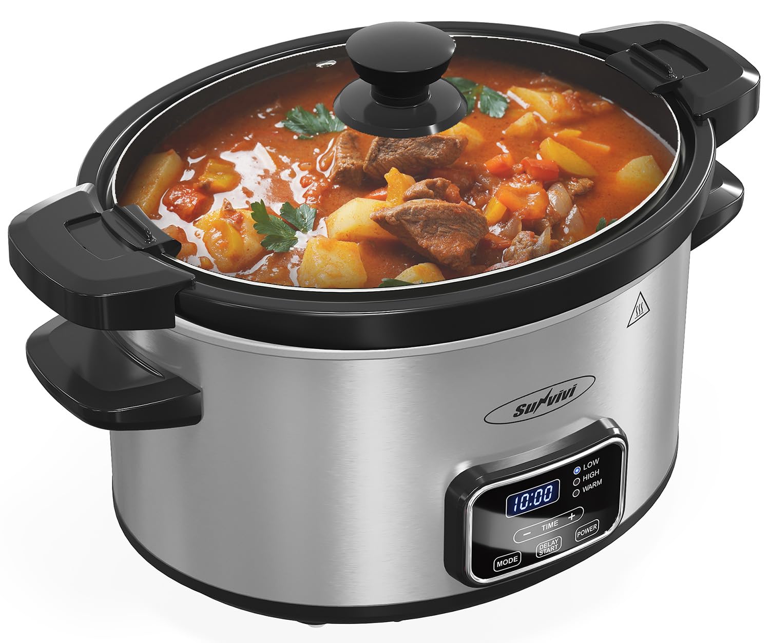 Sunvivipro 4qt Slow Cooker, Programmable Slow Cooker with Locking Lid, Removable Ceramic Pot, 3 Heating Settings & Time Control, Mini Food Warmer with Dishwasher-safe Lid & Pot, Silver