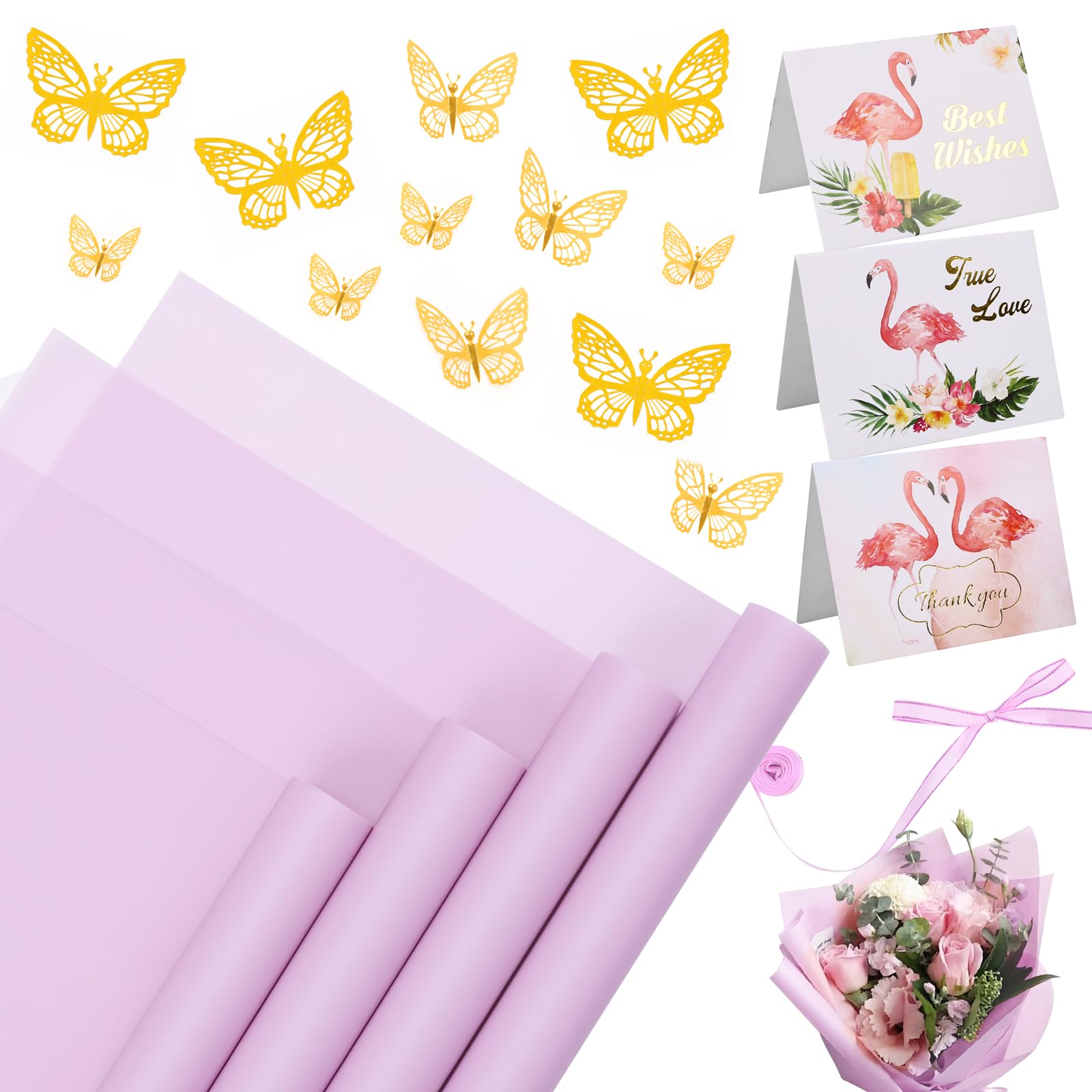 Photo 1 of 20 Sheets Flower Wrapping Paper - Waterproof Floral Bouquet Wrapping Paper, Florist Supplies with 3D Gold Butterfly Decor(Mist light purple) * **** 2 pack*****