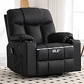 Bonzy Home Oversized Swivel Rocker Recliner, Rocking Recliner Chair, Black | Heated and Massage, 40" Extra Wide, 2 Cup Holders, PU Leather Single Sofa with Swivel Function, for Living Room Bedroom