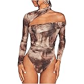 Floerns Women's Tie Dye Asymmetrical Neck Leotard Long Sleeve Ruched Bodysuit Top