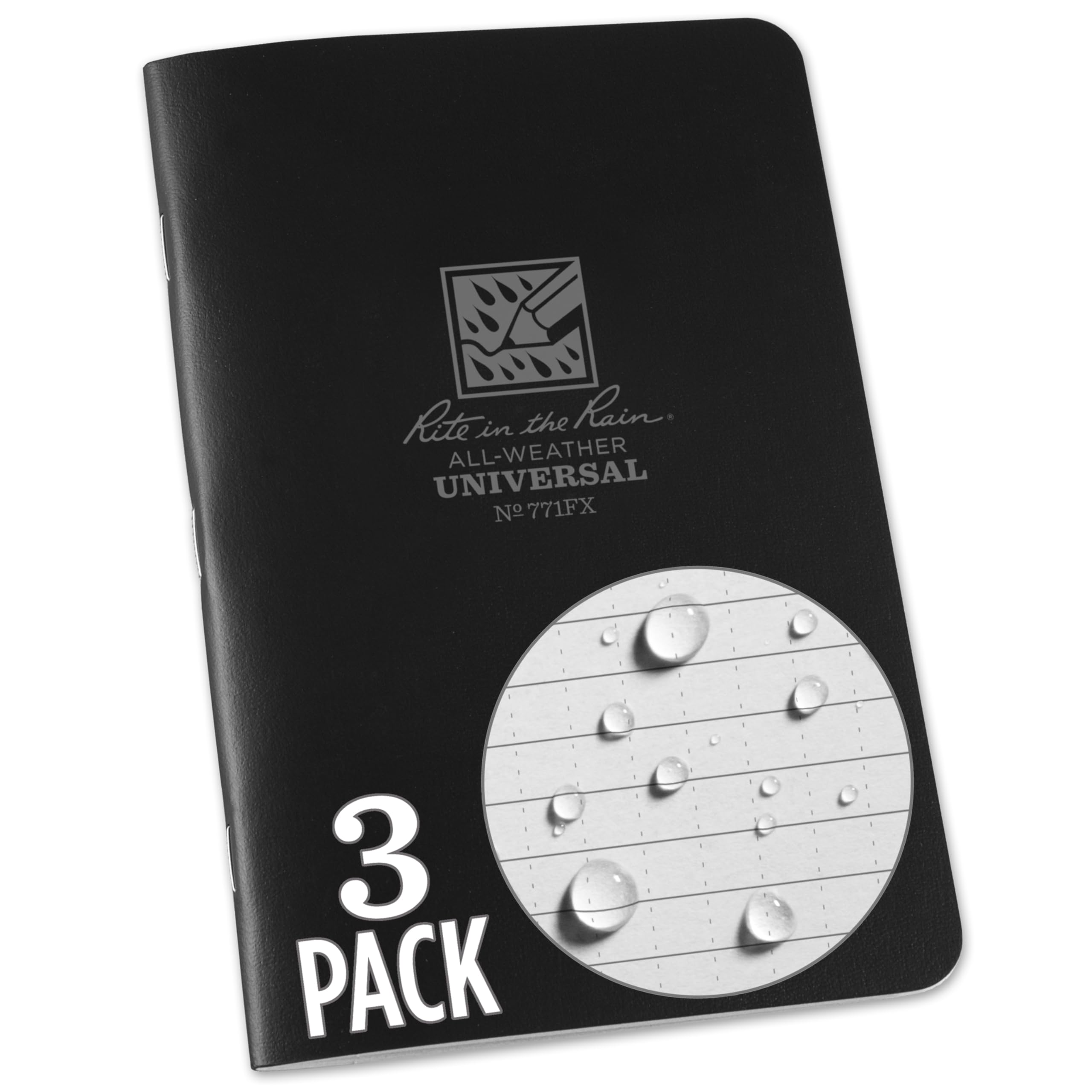 Rite In The Rain Waterproof Paper Notepad Staple Bound Pack of 3 Flex Cover Black 48 pages 24 sheets Saddle Stitch Binding Imperial and Metric Rulers, 4⅝ X 7- Inch