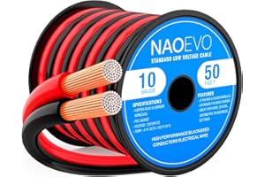 NAOEVO 10 Gauge Wire 50FT, 2 Conductors Electrical Wire Red Black Cable, Flexible/Low Voltage/PVC 10 AWG Copper Clad Aluminum Extension Cord for Speaker, LED Strips, Automotive 12V/24V DC