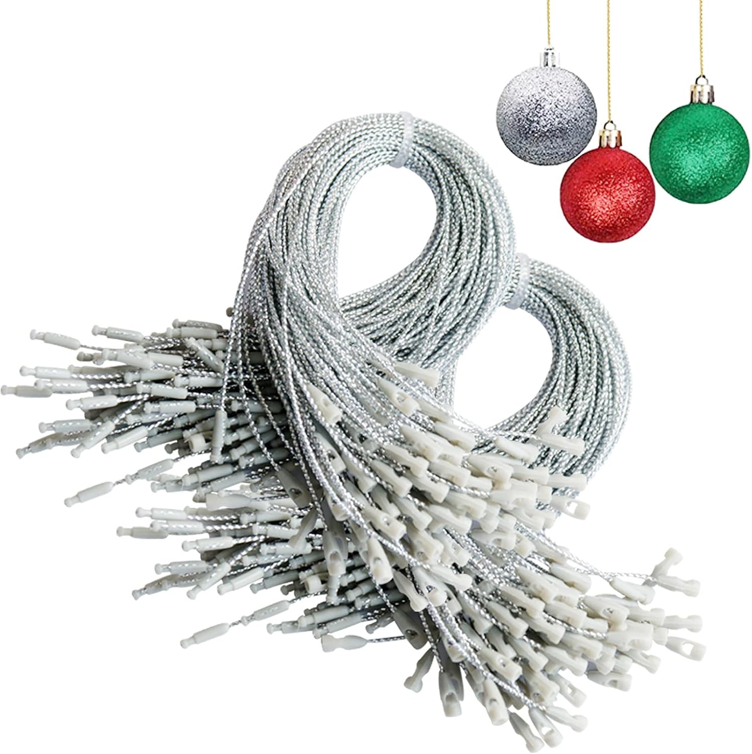 Ornament Hooks - Christmas Ornaments Hanger String 200Pcs Silver Ribbon Ornament Hook Ropes Precut String with Snaps Locking for Xmas Ornament Hanging Decorations