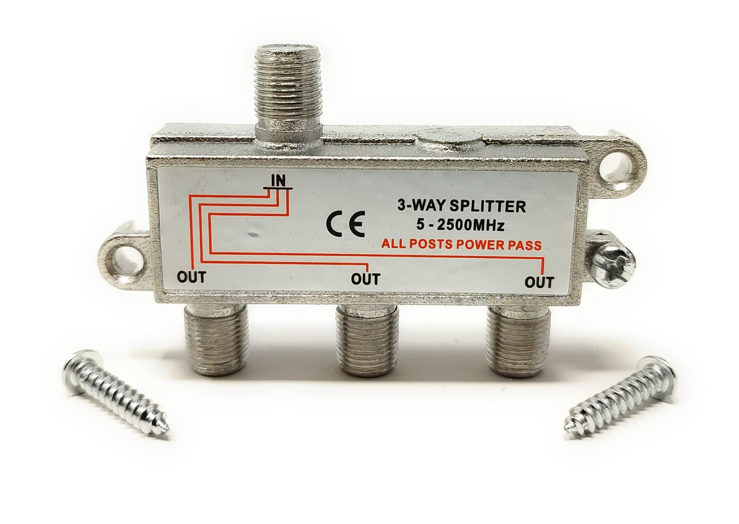 Maincore F-Type Screw Connector (3 Way) 1 Input to 2 Output Cable Splitter for TV, Satellite, Antenna Outlets Coaxial 5-2500MHz