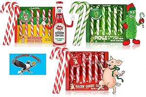 Archie McPhee Dill Pickle, Ketchup, and Bacon Christmas Holiday Candy Canes - Stocking Stuffers - Funny Novelty - Weird Prank, Gag, Joke -18 ct.- 6 of Each Flavor - Includes PITCHING PIGEON Brand Magnet