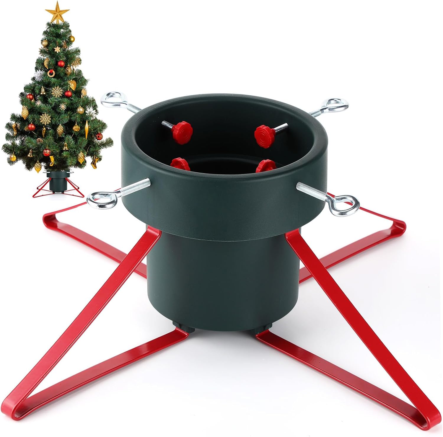 Tree Stands - Sliner Metal Christmas Tree Stand for Live Tree Adjustable Christmas Tree Holder for Real Trees Large Christmas Tree Base up to 8ft for Xmas Tree Decoration(Green and Red, 22.4 x 22.4 x 8.5 Inch)