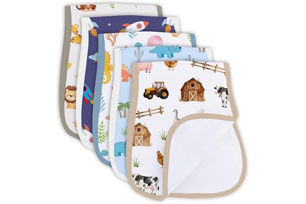 HEIFAM Burp Cloths Organic Cotton 5 Pack, Animal Baby Burp Cloths Boy Girl, Absorbent Baby Burping Cloth, Soft Burping Cloth