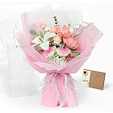 AGNIX Valentine’s Day Crochet Flower Bouquet, Everlasting Knitted Flowers with Pink Tulips & Crochet Roses, Romantic Valentines Flowers Gift for Her, Handmade Floral Bouquet Home Decor