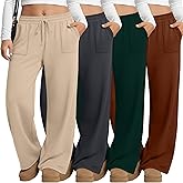 Evervibe 4 Pack Women Plus Size Pants Drawstring Yoga Pants with Pockets Baggy Wide Leg Sweatpants Lounge Palazzo Trousers
