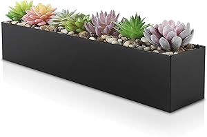 Modern Black Trough Rectangular Planter | 16“ Metal Window Planter Box for Succulent | Small Rectangle Planter for Desk or Windowsill Planter | Stainless Steel Planter Great Gift Ideas for Women Men