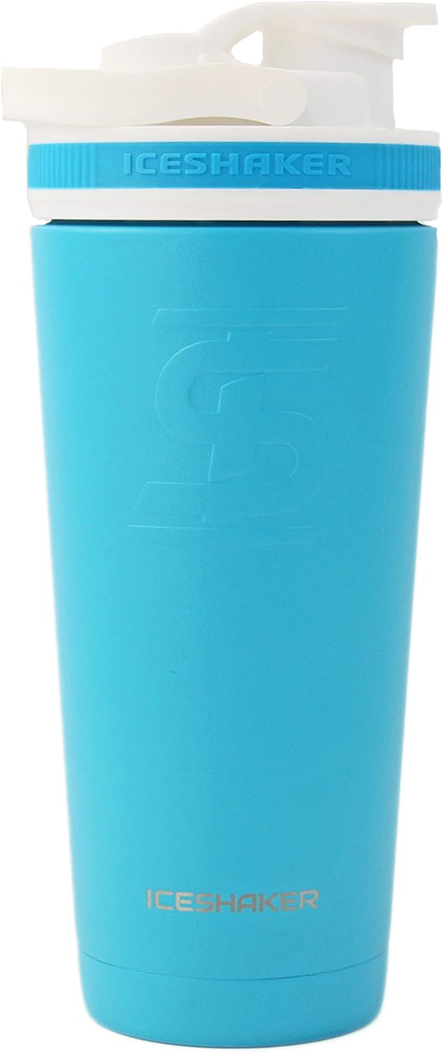 Ice Shaker Stainless Steel Insulated Water Bottle Protein Mixing Cup (As seen on Shark Tank) | Gronk Shaker | 26 Oz (Caribbean Blue)