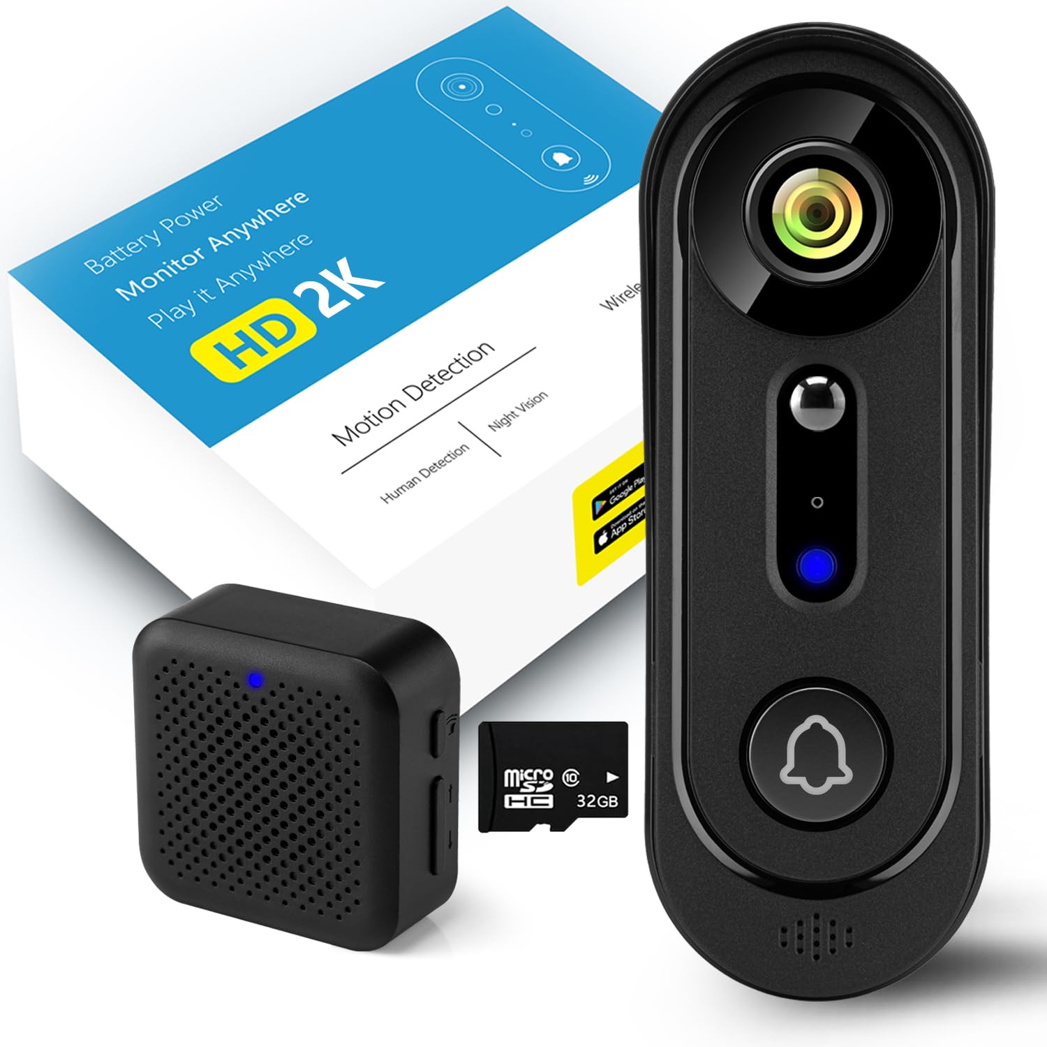 Wireless Video Doorbell Camera with Chime | Pre-installed 32GB SD Card No Monthly Fee, 2K HD Night Vision, 2-Way Audio, Motion Detection,2.4G WiFi