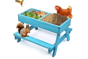 CHTSJQW Chicken Picnic Table, Chicken Feeder No Waste Handmade Wooden, Large DIY Chicken Feeder Kit, Wild Bird, Duck & Squirrel Feeders, Mesh Bottom Keep Food Fresh and Dry Easy to Clean and Fill（Blue Paint）