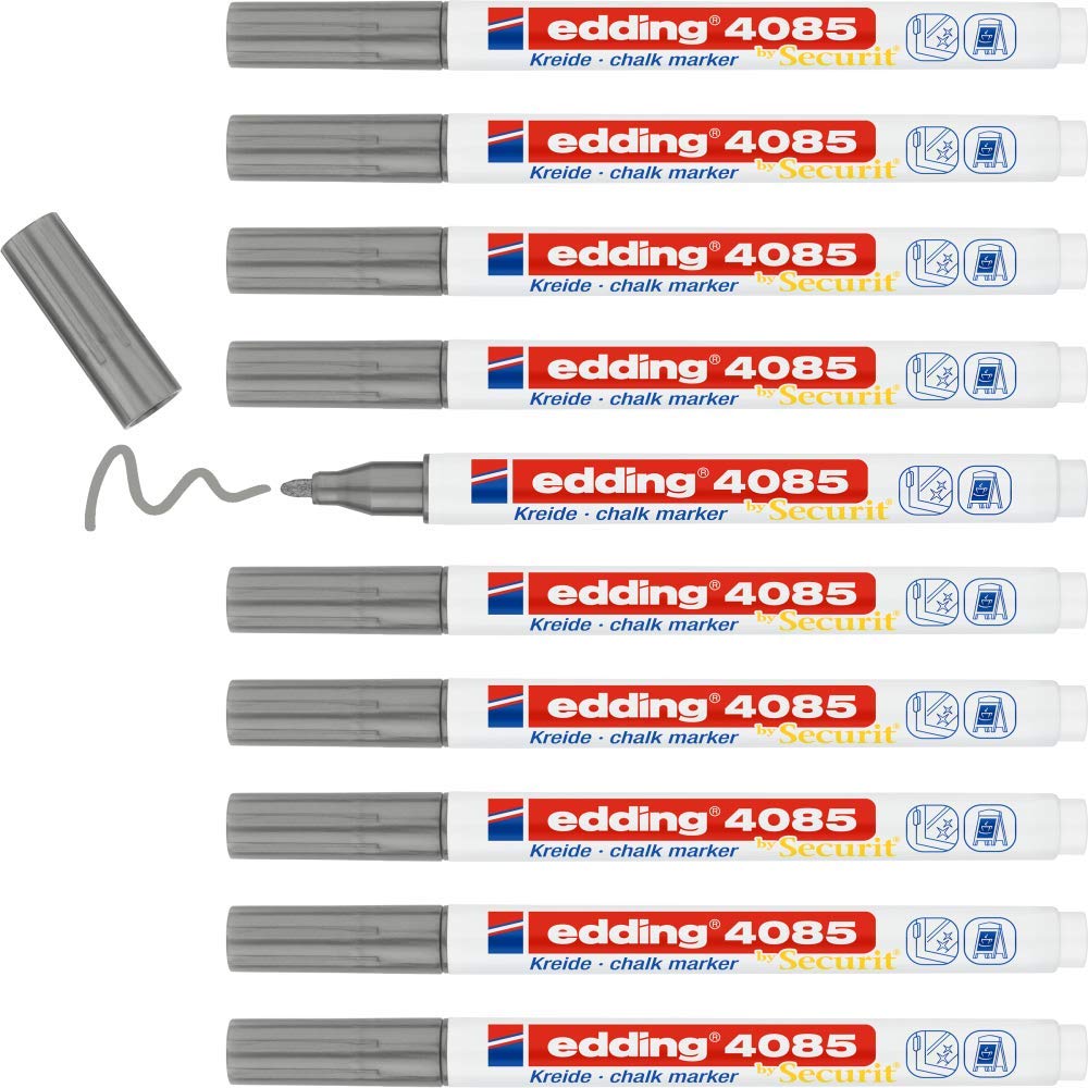 edding 4085 chalk marker - silver - 10 chalk pens - round tip 1-2 mm - fine-tipped wet wipe pen for chalkboards, windows, glass, mirrors - liquid chalk marker pens for opaque coverage