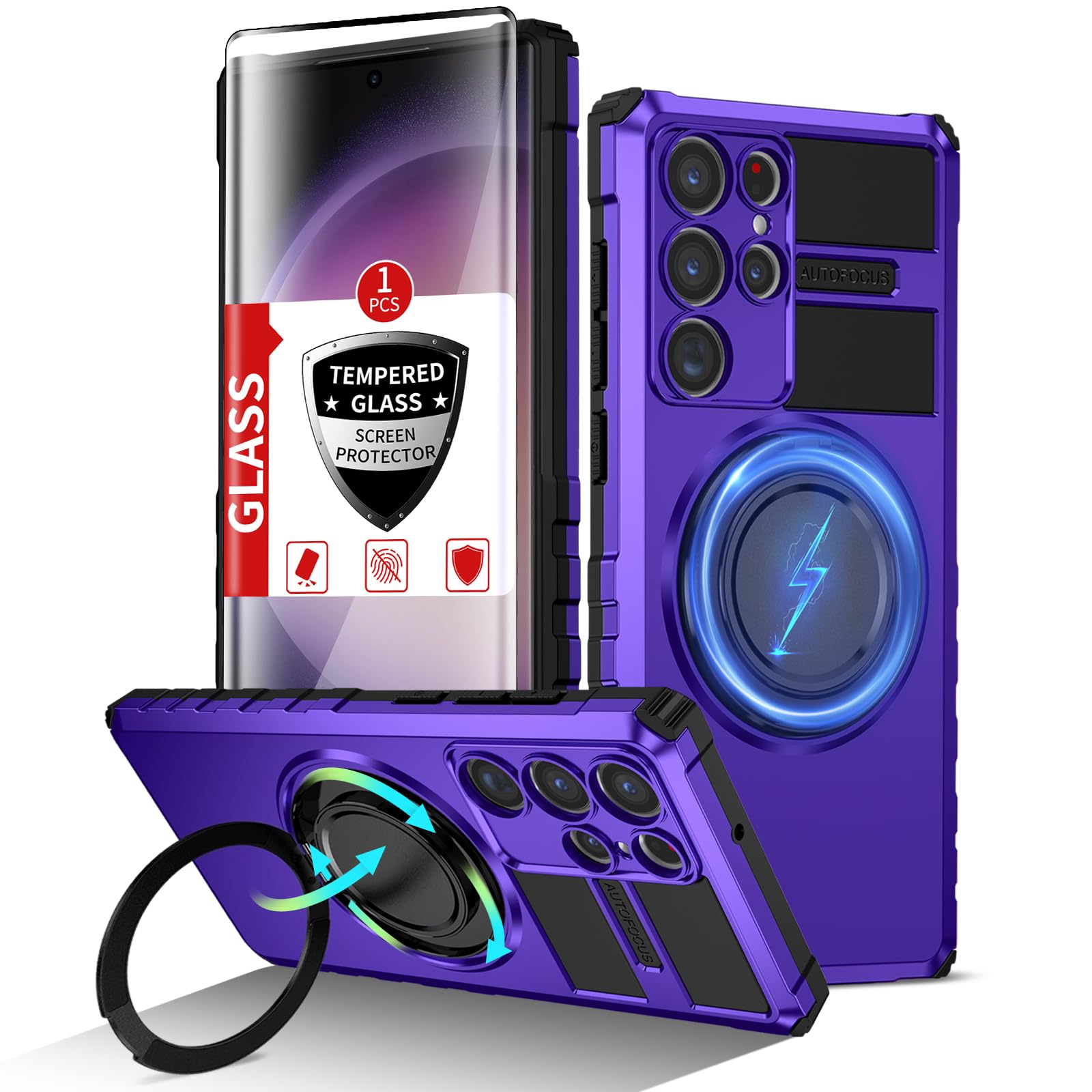 IYTRRYH for Samsung Galaxy S23 Ultra Case Compatible Wireless Charging Magnetic,with Screen Protector,for S23Ultra Phone Case with 360°Stand Ring Military Grade Shockproof Heavy Duty Protection Purple