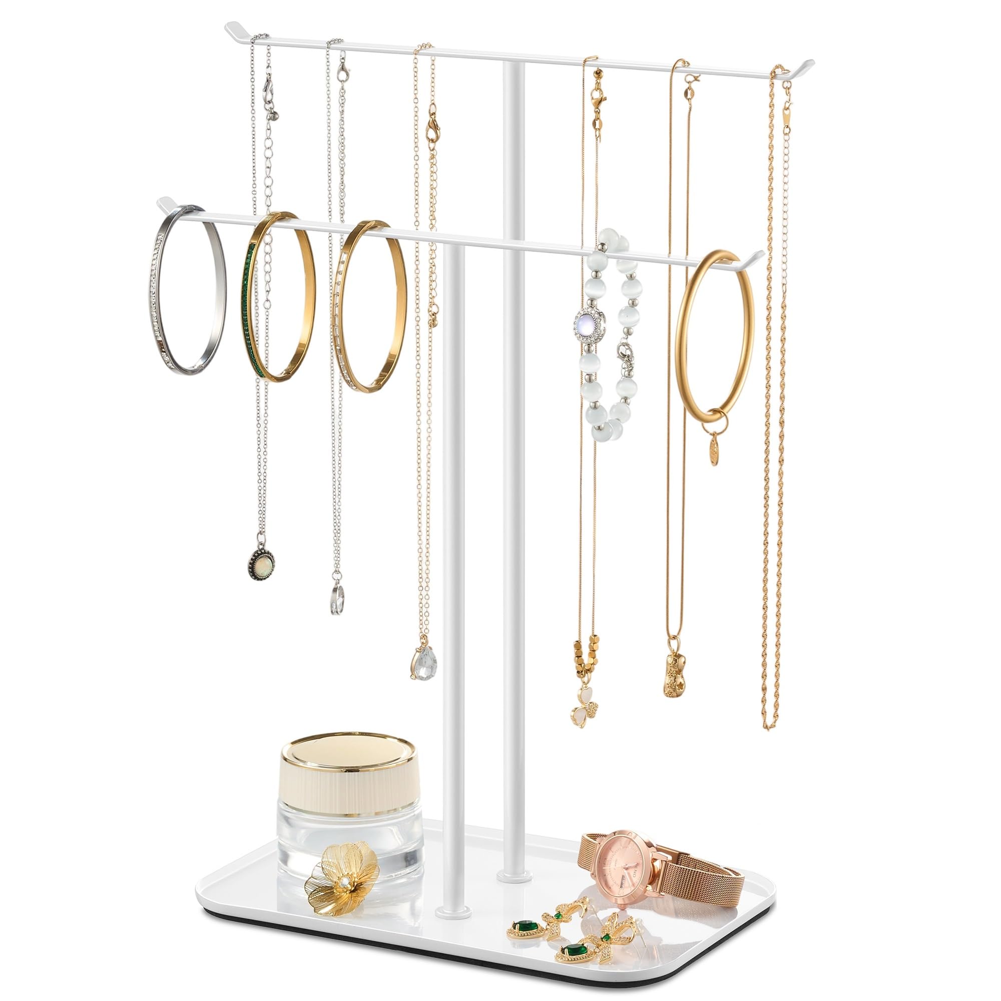 Photo 1 of Necklace Holder Jewelry Organizer Stand – 2?Tier T?Bar Jewelry Display Tree with Tray for Countertop Necklace Bracelet Earring Storage, Vanity Dresser Bathroom Sink, White