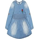 KIDSCOOL SPACE Baby Little Girl Jean Coat Dress,Flower Bird Embroidered Pleated Denim Shirt Dress