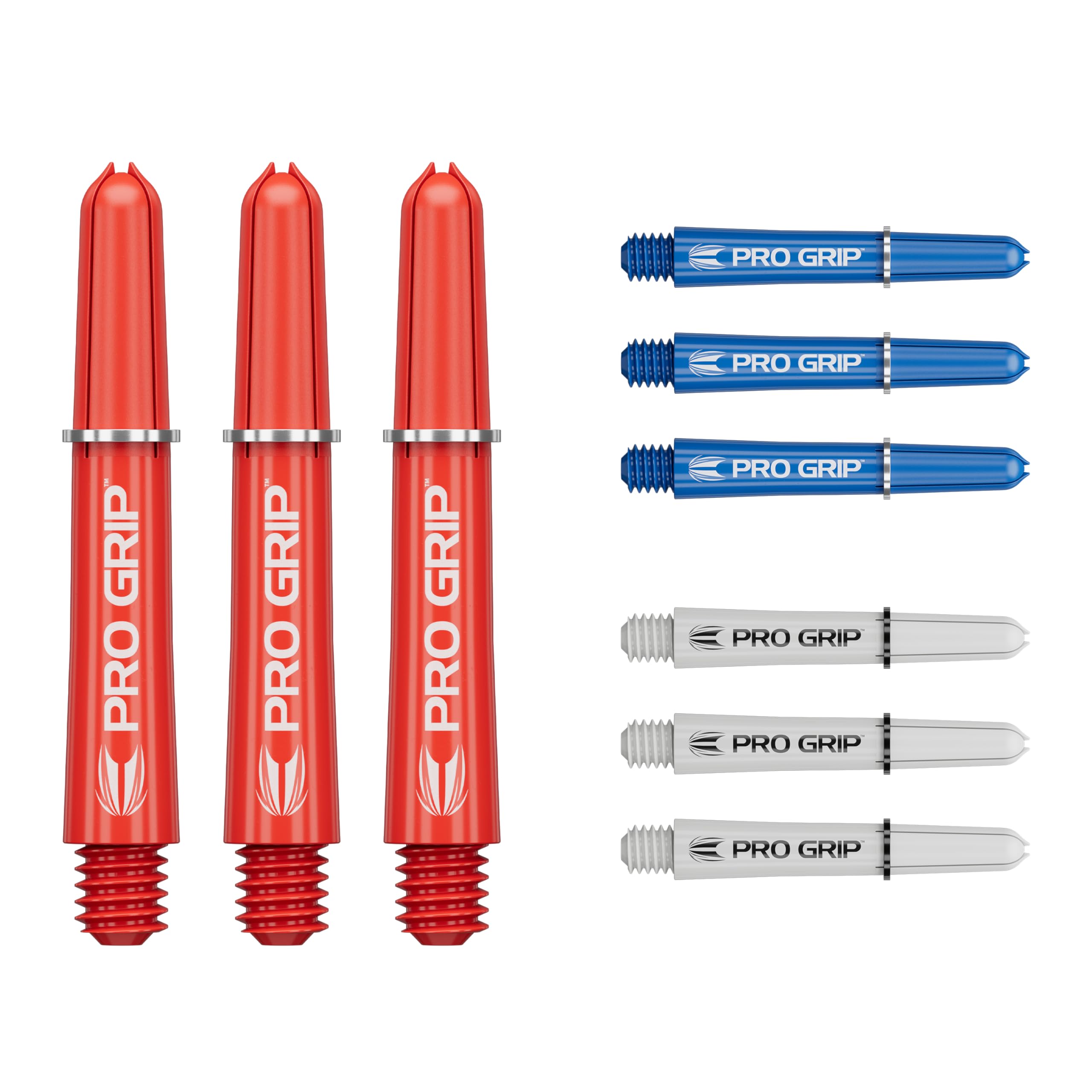 Target Darts Pro Grip Shafts – Set of 9 | 3 Colours, Blue/White/Red | Short, 34mm | Dart Stems, Professional Darts Accessories, 2BA Shaft Multipack with Rings
