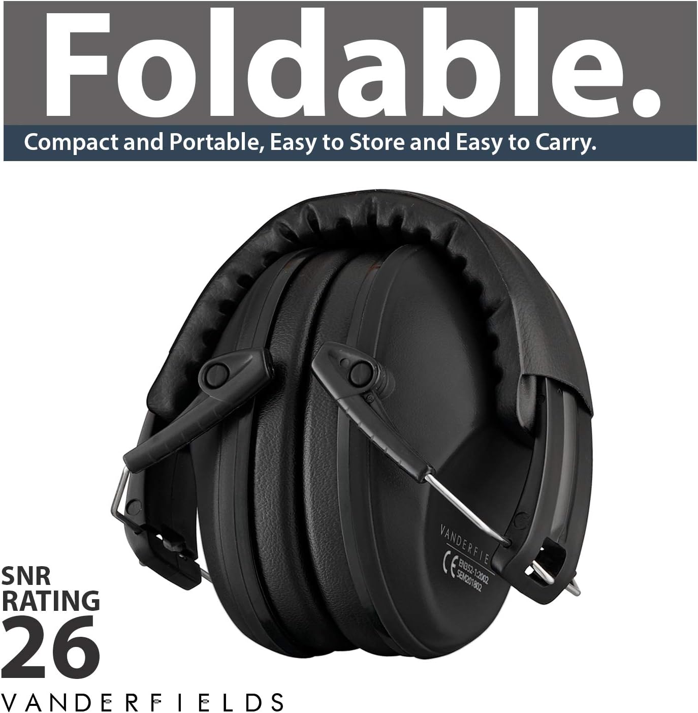 Vanderfields Hearing Protection for Shooting – Compact Foldable Portable Safety Earmuffs for Blocking Ear Sound Reduction - Hunting Range Studying Lawn Mowing - Men Women Adults - Black - - 