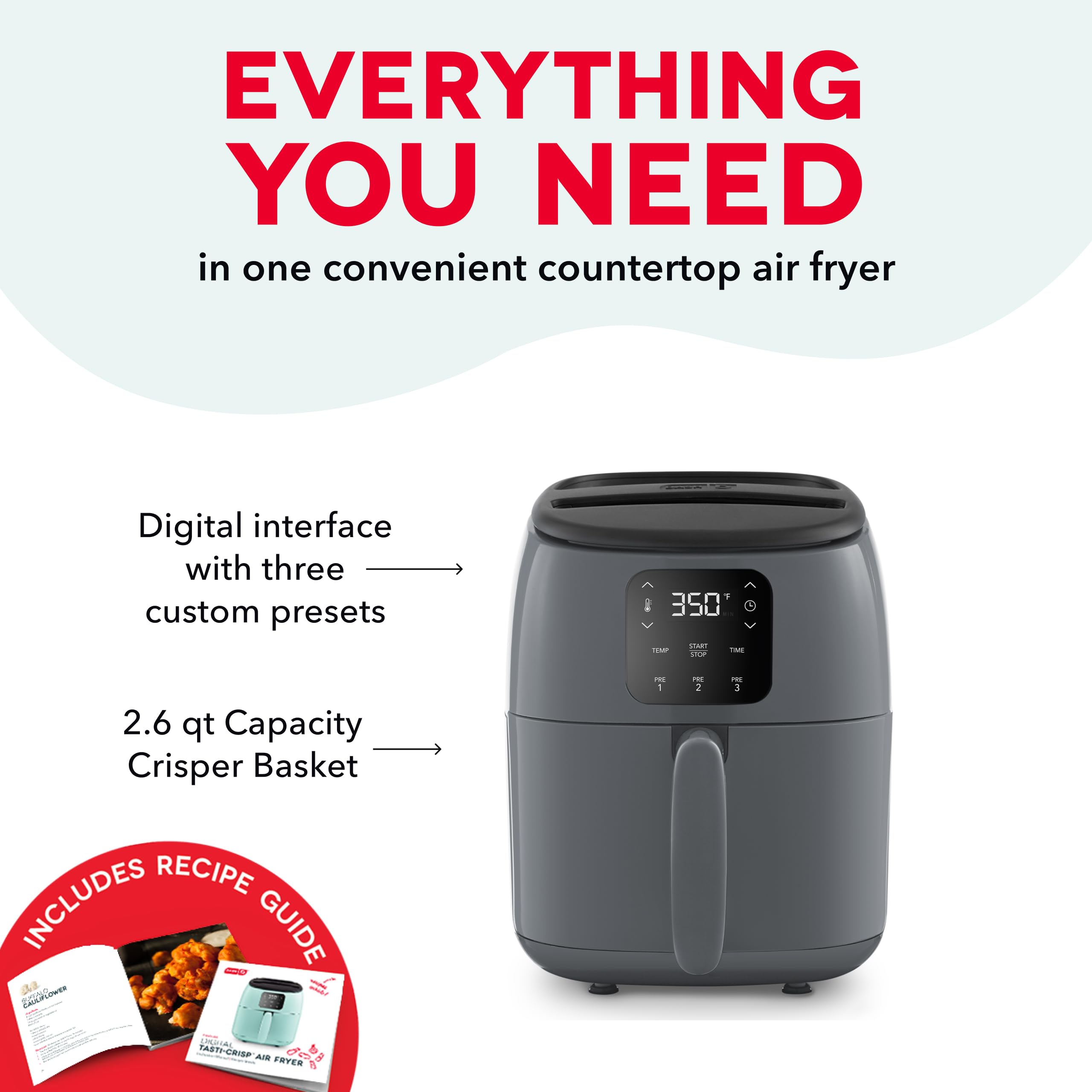 Freidora de aire eléctrica DASH Tasti-Crisp™, 2.6 cuartos, gris - Freidora de aire compacta para alimentos más saludables en minutos, ideal para espacios pequeños - Apagado automático, digital, 1000 vatios