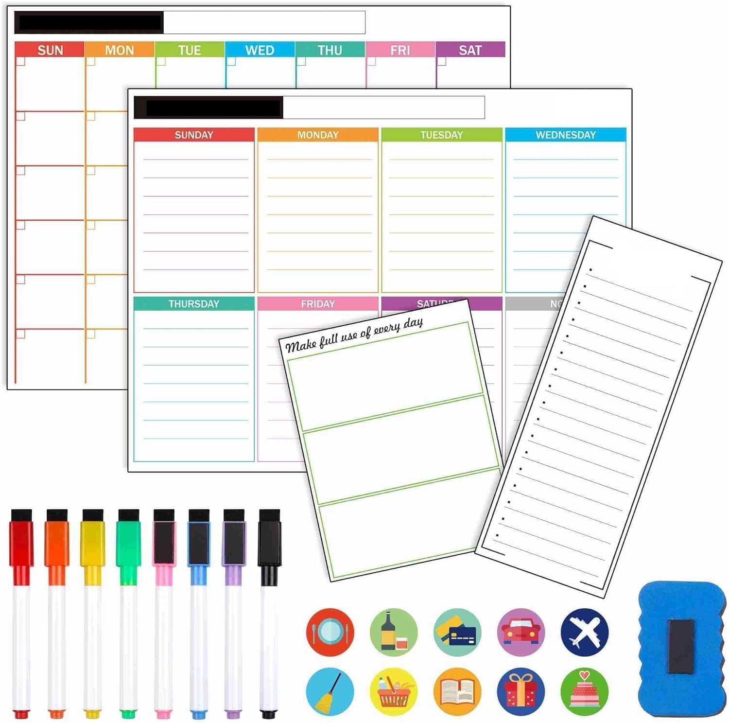 Feela 4 Pack Magnetic Whiteboard for Fridge, Monthly Weekly & Daily Planner for Home, School & Office, Meal & Kitchen Organisation Board with 8 Markers, 1 Eraser & 10 Stickers