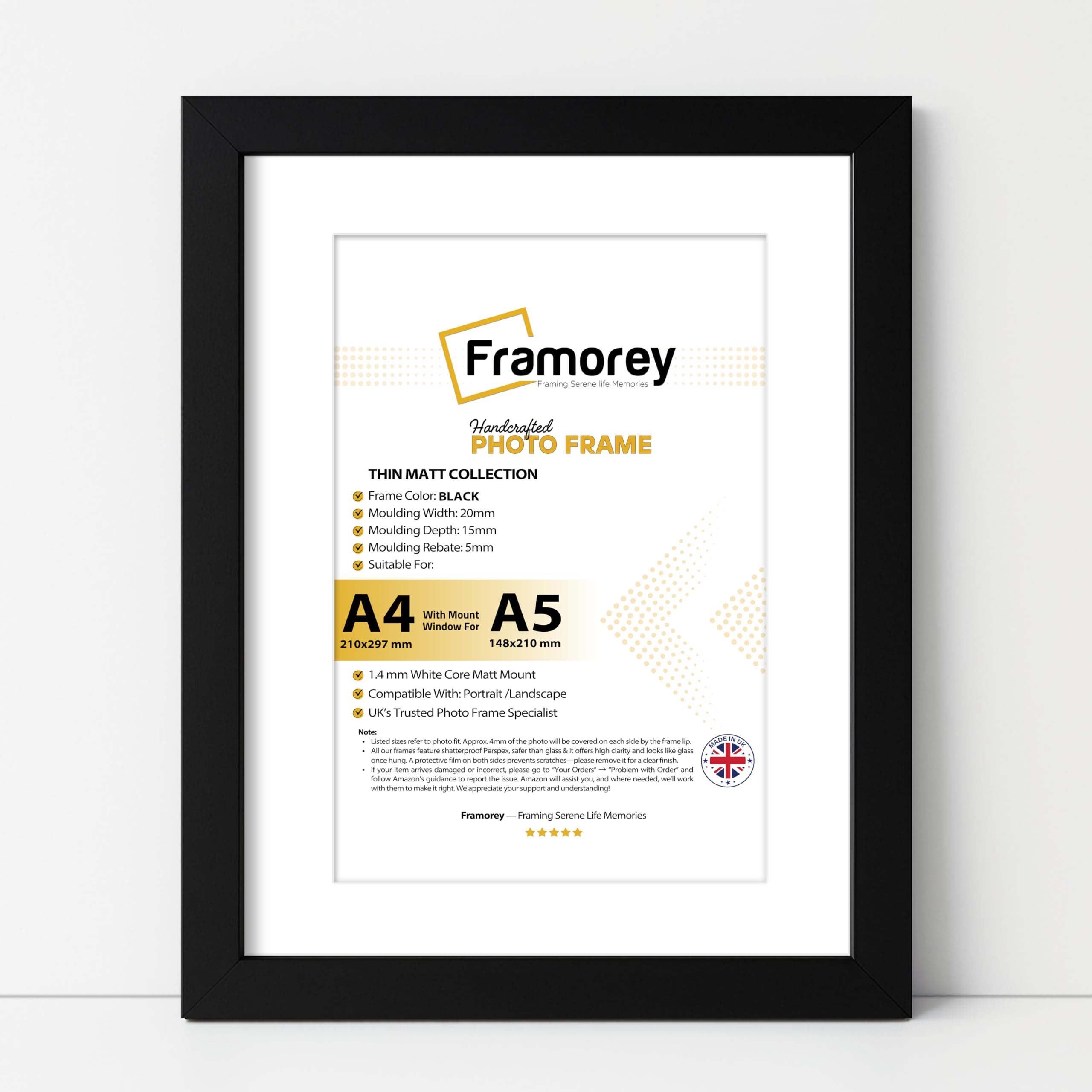 FRAMOREY A4 Frame Wooden Photo Frames with A5 Mount, Black A4 Picture Frames, 21 x 29.7cm, with Plexiglass, Wall Hooks, Stand and Mat, for Tabletop or Wall Hanging