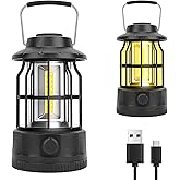 Camping Lantern Rechargeable USB Powered, Stepless Dimmer, Metal Retro Camping Light Waterproof Hanging LED Vintage Tent Lamp for Outdoor Hiking Fishing Emergency (Black)