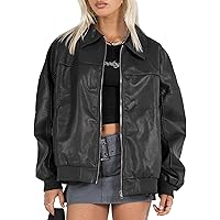 SHENHE Women's Leather Jacket Collared Neck Lantern Sleeve Zip Up