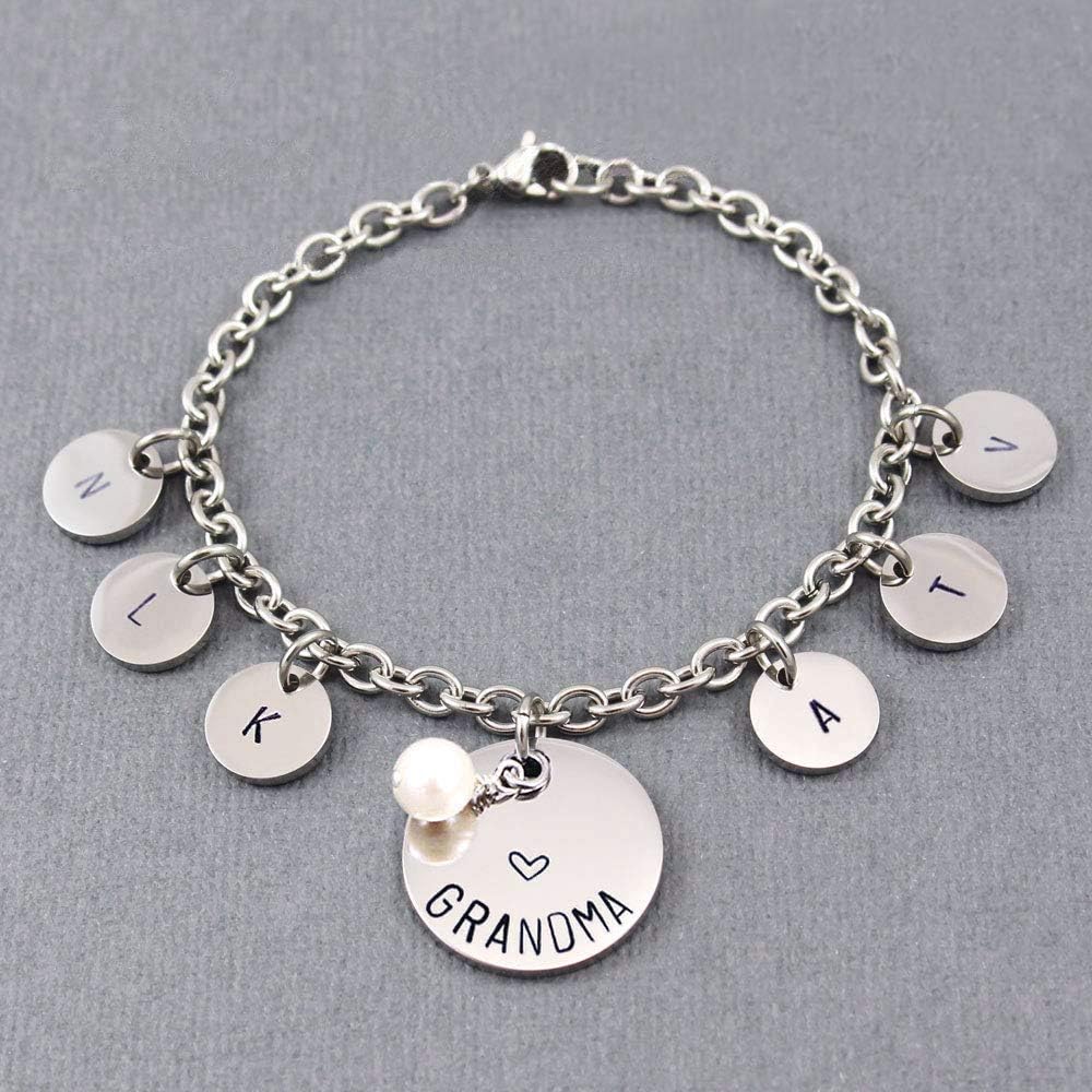 Personalized Hand Stamped Grandma Bracelet Family Initial Charm Stainless Steel Dainty Initial Disc Fresh Water Pearl Grandmother Gift