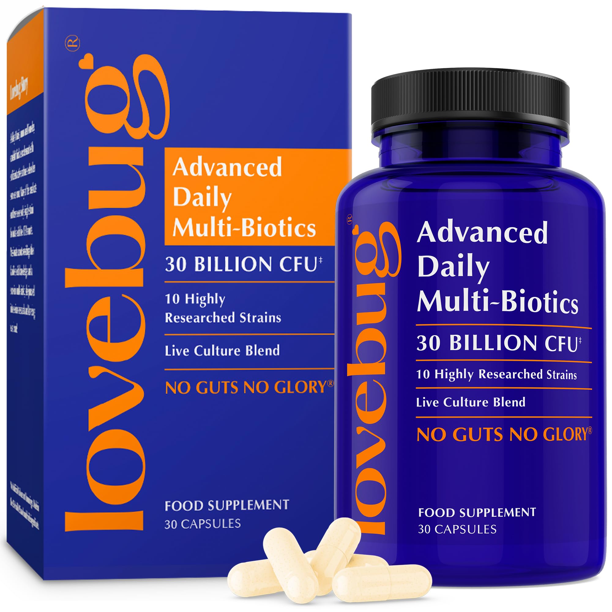 Lovebug Probiotics for Gut Health - 30 Billion CFU Formula with Prebiotic - 10 Strain Lactobacillus & Bifidobacterium Bio Culture Complex - Advanced Strength to Support Daily Gut Flora- 1 Month Supply