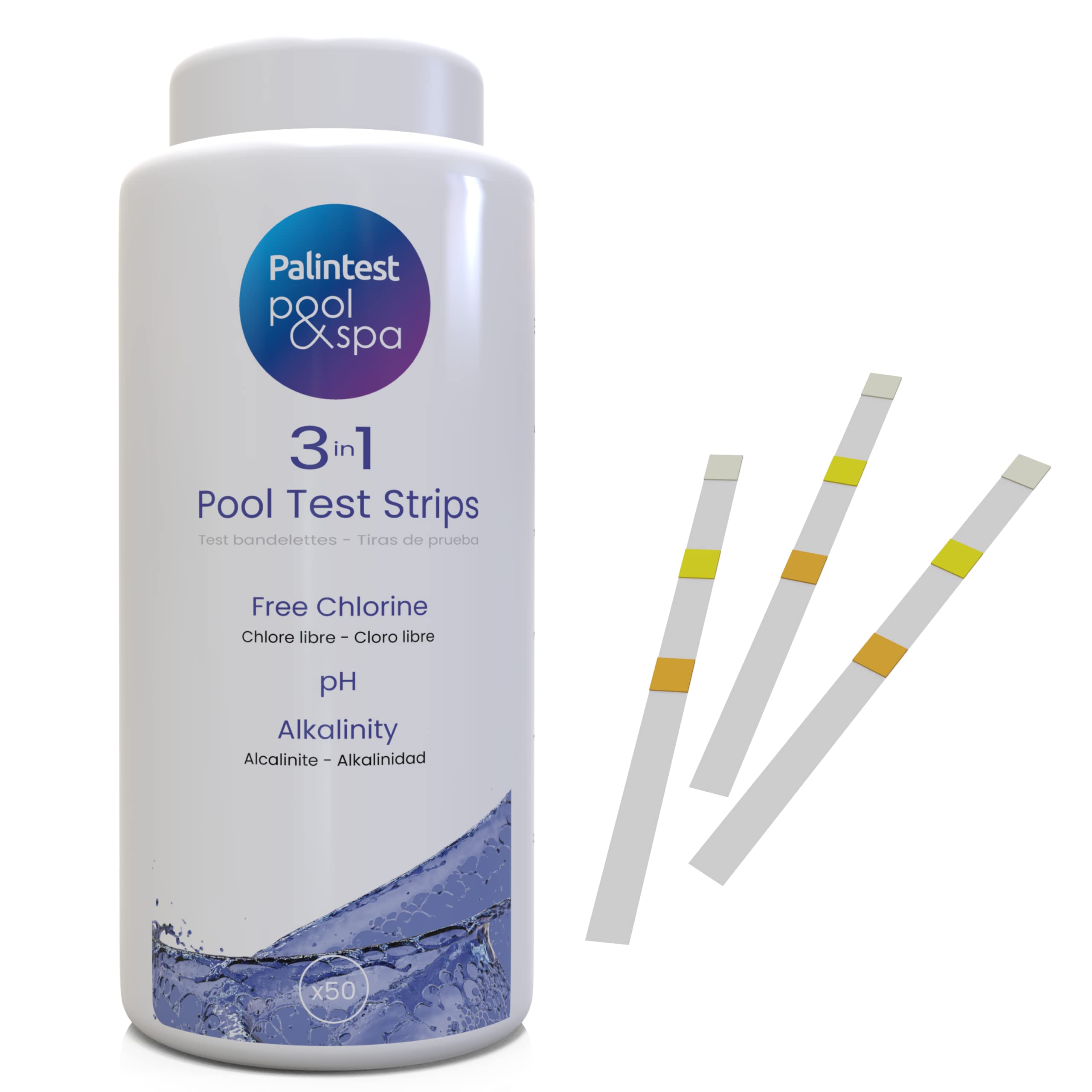 Palintest Present the Premium 3 In 1 Pool and Spa Test Strips for Testing Hot Tub, tubs, pools and water, Chemicals Tests For Chlorine, PH and Alkalinity (3 In 1-50 Test Strips)