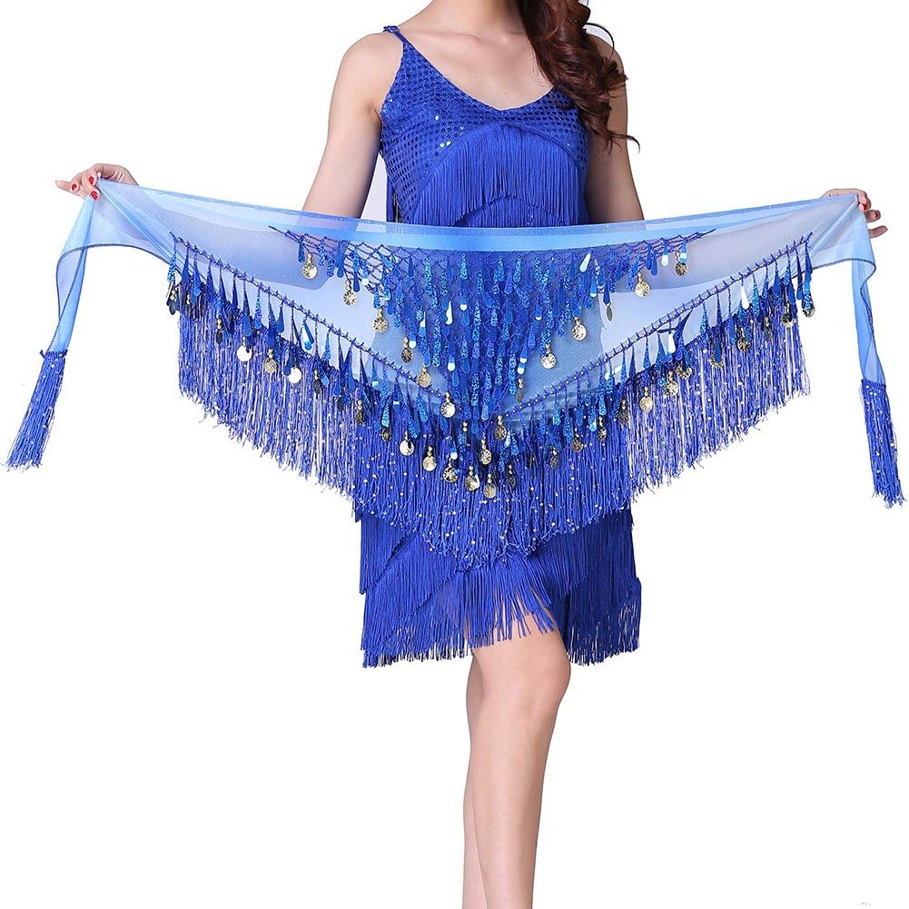 Women Belly Dance Coins Sequins Hip Scarf Triangle Tassel Belt Wrap Skirt