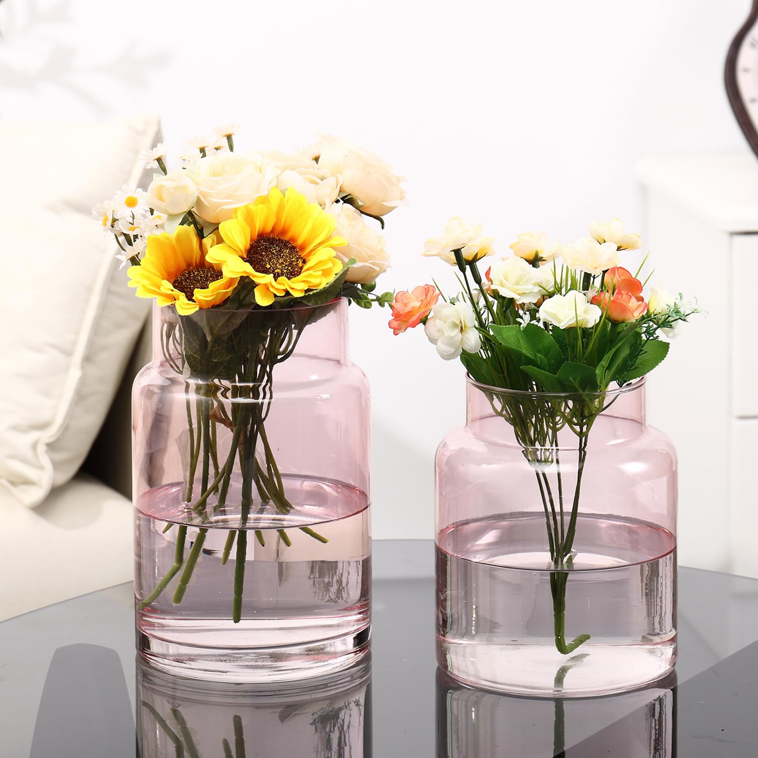 Photo 1 of PORPAN Large Glass Vase, Pink Glass Vase Set of 2, Large Flower Vases for Bouquet, Tall Wide Mouth Vases for Flowers, Home, Wedding, Living Room, Office Decor, 7"+9"