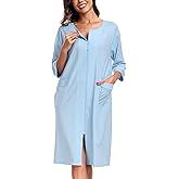 CF Women's 100% Cotton Zipper Robes 3/4 Sleeve Loungewear Knee Length Housecoat Lightweight Zip Up Nightgowns with Pockets