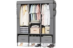 LOEFME Portable Closet, Wardrobe Closet for Hanging Clothes with 3 Drawer Boxes and 8 Side Pockets, 51.2 x 17.7 x 66.9 Inches Clothes Storage Organizer for Bedroom, Living Room, Gray