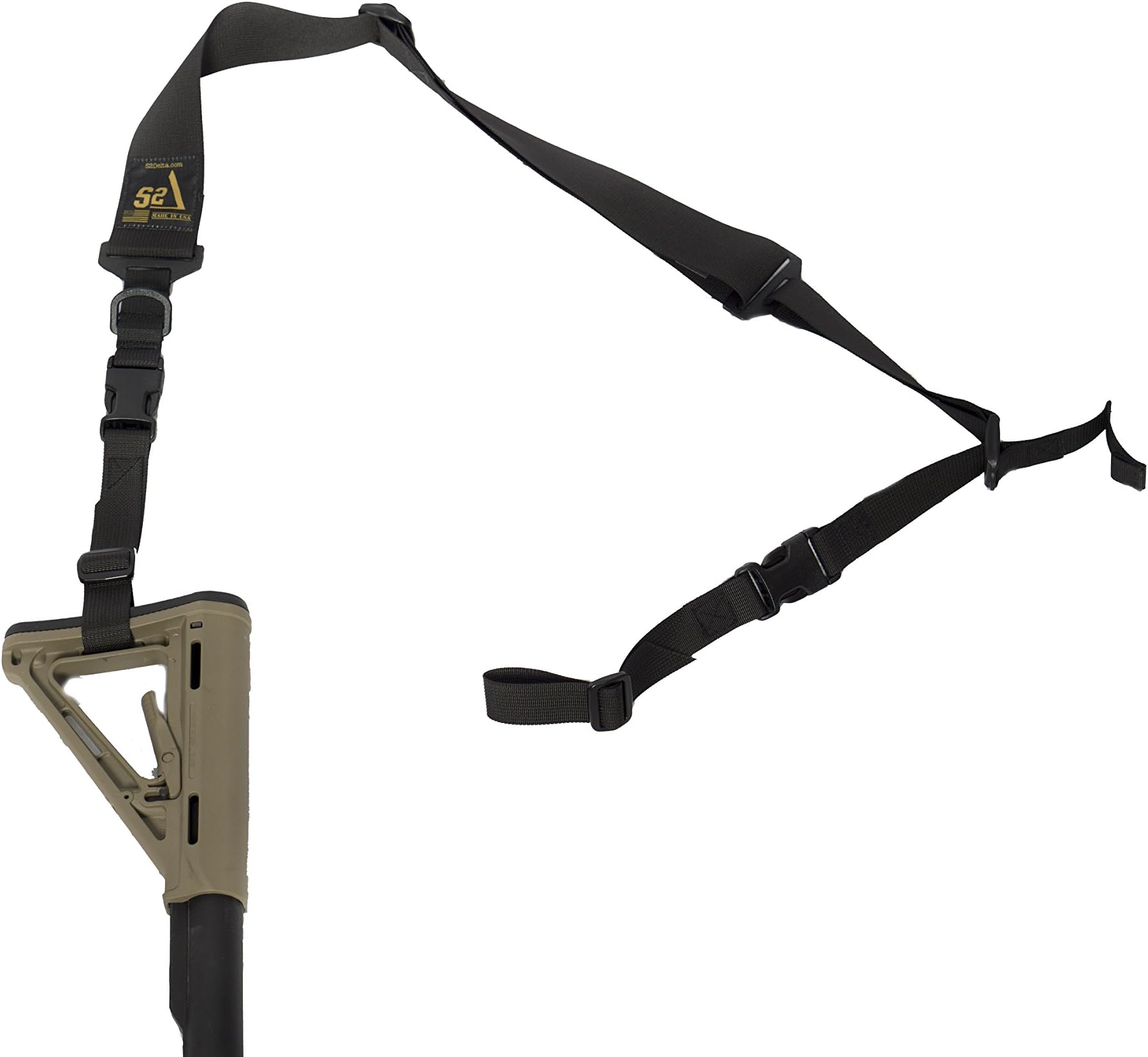 S2Delta - USA Made Premium 2 Point Rifle Sling, Fast Adjustment, Modular Attachment Connections, Comfortable 2” Wide Shoulder Strap